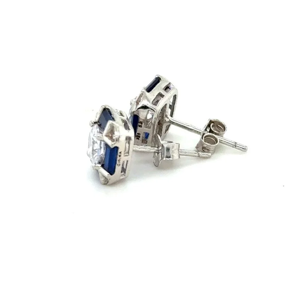 Sterling Silver 925 Blue/White Cz Stud Earrings‎